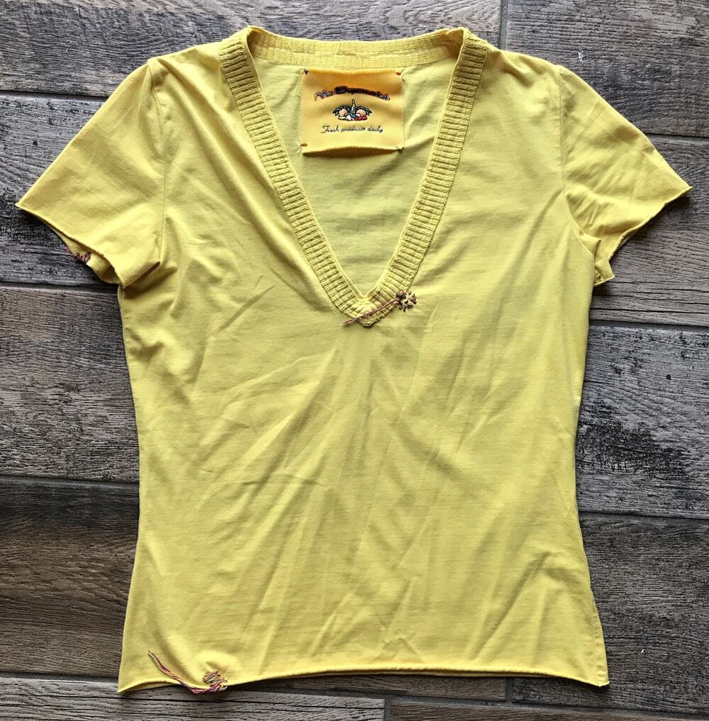 My Supermarket Womens Size S Yellow V-Neck T Shirt With Embroidered Flowers